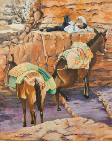 Painting titled "Mules at Petra." by Anne Heather Moore, Original Artwork, Oil