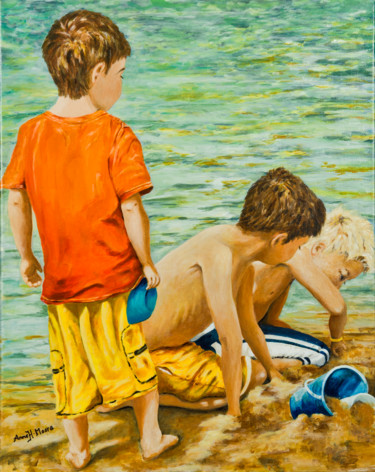 Painting titled "At the Beach" by Anne Heather Moore, Original Artwork, Acrylic