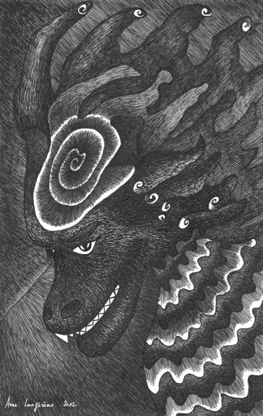 Dessin intitulée "Dragon" par Anne Langérôme, Œuvre d'art originale, Encre
