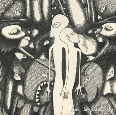 「Je mords」というタイトルの描画 Anne Langérômeによって, オリジナルのアートワーク, インク