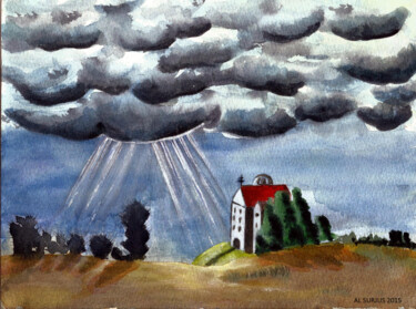 Tekening getiteld "Eglise sous les nua…" door Anne-Lise Surjus, Origineel Kunstwerk, Acryl