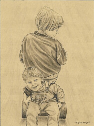 Drawing titled "Enfants sur un vélo" by Anne-Lise Surjus, Original Artwork, Charcoal