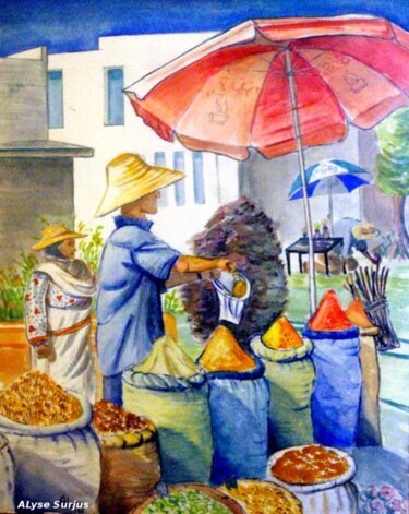 Schilderij getiteld "Jour de marché" door Anne-Lise Surjus, Origineel Kunstwerk, Aquarel