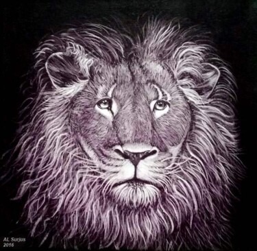 Painting titled "Lion nostalgique..." by Anne-Lise Surjus, Original Artwork, Acrylic