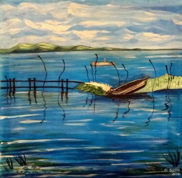 Painting titled "Lac nuageux..." by Anne-Lise Surjus, Original Artwork, Acrylic