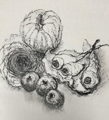 Tekening getiteld "Potiron et légumes…" door Anne Malvy, Origineel Kunstwerk