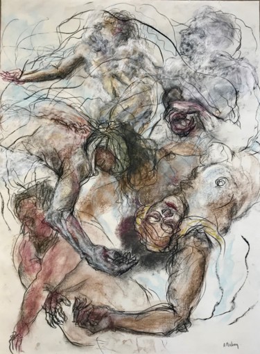 Dessin intitulée "La chute des damnés" par Anne Malvy, Œuvre d'art originale, Pastel