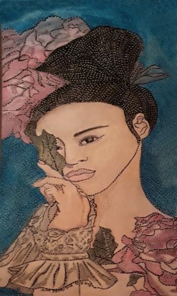 Peinture intitulée "THE ASIAN BEAUTY FL…" par Anne Bazabidila, Œuvre d'art originale, Encre