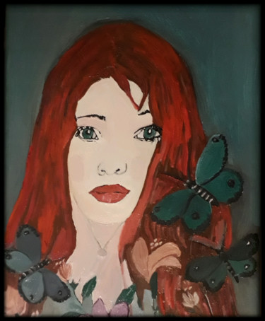 Painting titled "GREEN BUTTERFLIES" by Anne Bazabidila, Original Artwork, Oil