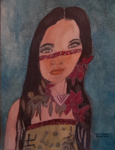 Ζωγραφική με τίτλο "PETITE AMERINDIENNE…" από Anne Bazabidila, Αυθεντικά έργα τέχνης, Ακουαρέλα