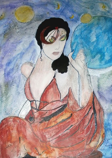 Painting titled "PRINCIPESSA LUNA" by Anne Bazabidila, Original Artwork, Ink