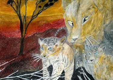 Peinture intitulée "MOM LION AND ITS TW…" par Anne Bazabidila, Œuvre d'art originale, Encre