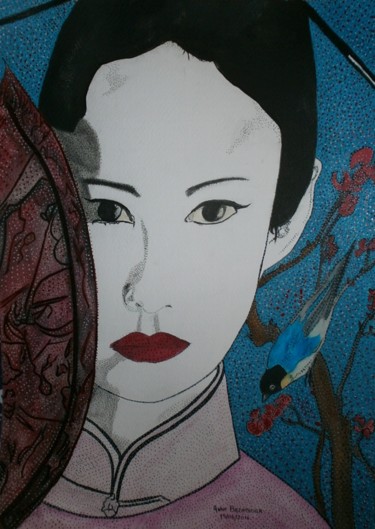 Painting titled "PEARL OF JAPAN" by Anne Bazabidila, Original Artwork, Ink