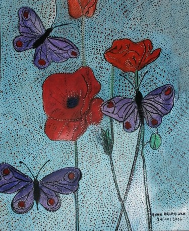 Painting titled "KIND POPPIES" by Anne Bazabidila, Original Artwork, Ink