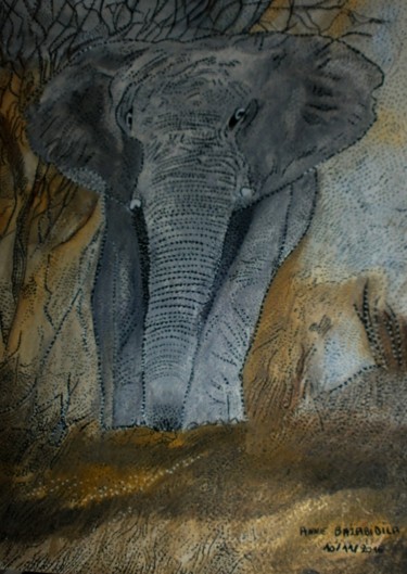 Peinture intitulée "UN ELEPHANT CA TROM…" par Anne Bazabidila, Œuvre d'art originale, Encre