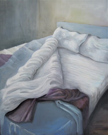 Painting titled "LE LIT DEFAIT" by Anne-Marie Callamard, Original Artwork, Oil Mounted on Wood Stretcher frame