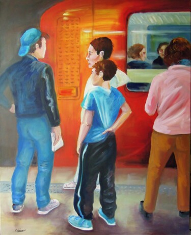 Painting titled "EN ATTENTE" by Anne-Marie Callamard, Original Artwork, Oil Mounted on Wood Stretcher frame