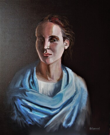 Картина под названием "LE CHALE BLEU" - Anne-Marie Callamard, Подлинное произведение искусства, Масло Установлен на Деревянн…
