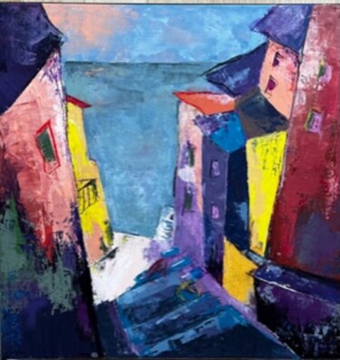 Painting titled "Riomaggiore" by Anne Marie Lateyron, Original Artwork, Acrylic Mounted on Wood Stretcher frame