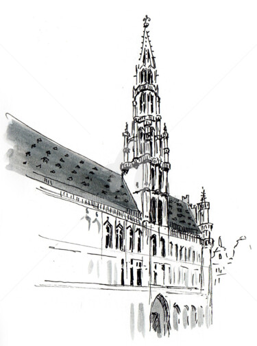 Tekening getiteld "Hôtel de ville Brux…" door Anne-Marie Mary, Origineel Kunstwerk, Inkt