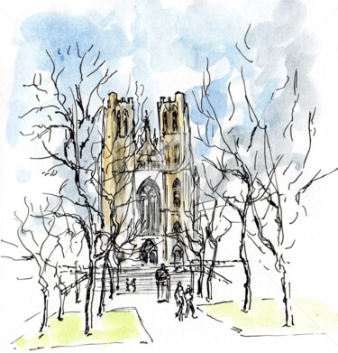 Dibujo titulada "Cathédrale  Bruxell…" por Anne-Marie Mary, Obra de arte original