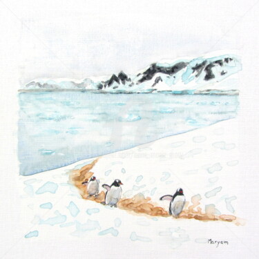 Painting titled "(9) Manchots papous…" by Anne-Marie Mary, Original Artwork, Watercolor Mounted on Other rigid panel