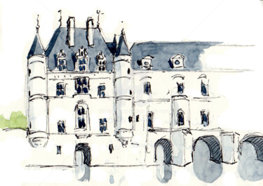 「Château de Chenonce…」というタイトルの描画 Anne-Marie Maryによって, オリジナルのアートワーク, 水彩画