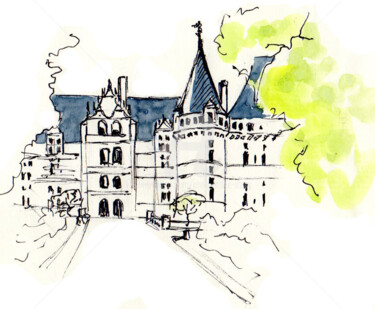 Dessin intitulée "Château à Azay Le R…" par Anne-Marie Mary, Œuvre d'art originale, Aquarelle