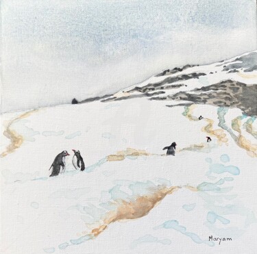 Peinture intitulée "(13)Manchots papous…" par Anne-Marie Mary, Œuvre d'art originale, Aquarelle Monté sur Autre panneau rigi…