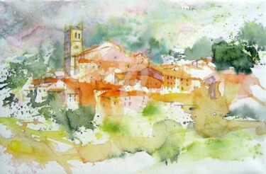 Peinture intitulée "village catalan" par Anne-Marie Mary, Œuvre d'art originale, Aquarelle