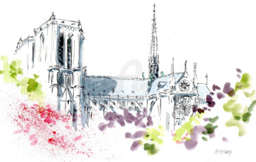 Painting titled "Notre Dame de Paris…" by Anne-Marie Mary, Original Artwork, Watercolor