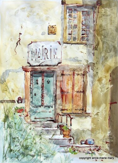 Painting titled "L'ancienne Mairie à…" by Anne-Marie Mary, Original Artwork, Watercolor