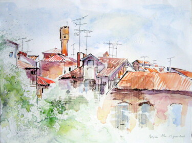 Painting titled "Vieil Albi et moder…" by Anne-Marie Mary, Original Artwork, Watercolor Mounted on Other rigid panel