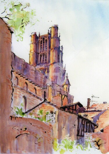 Painting titled "Cathédrale d'Albi 3" by Anne-Marie Mary, Original Artwork, Watercolor