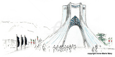 Dessin intitulée "La tour Azadi à Téh…" par Anne-Marie Mary, Œuvre d'art originale