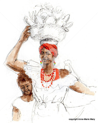 Disegno intitolato "Palenquera à Cartag…" da Anne-Marie Mary, Opera d'arte originale
