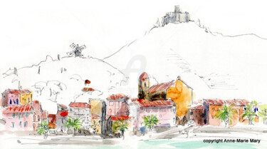 Dessin intitulée "Croquis Collioure 1" par Anne-Marie Mary, Œuvre d'art originale