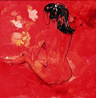 Peinture intitulée "nue aux fleurs 'Fan…" par Anne Marie Mazzocchi, Œuvre d'art originale