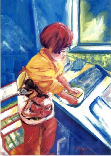 Pintura intitulada "cécile aide sa maman" por Anne Marie Mazzocchi, Obras de arte originais, Óleo