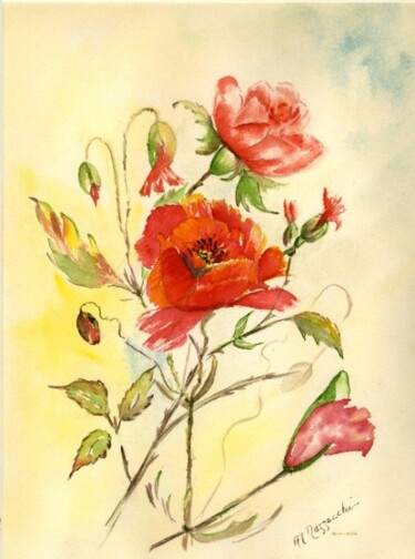Painting titled "rose pour un coquel…" by Anne Marie Mazzocchi, Original Artwork, Oil