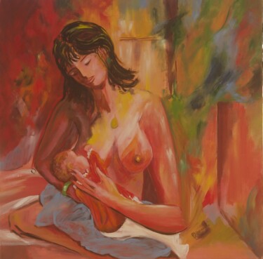 Painting titled "maternité première o" by Anne Marie Mazzocchi, Original Artwork, Oil