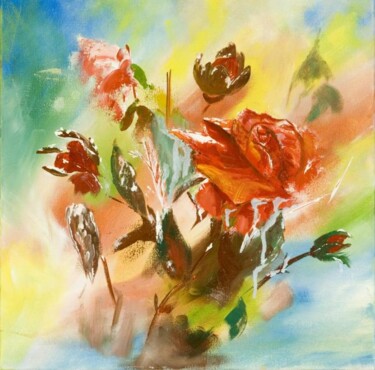 Painting titled "cet hiver une rose…" by Anne Marie Mazzocchi, Original Artwork, Oil