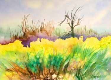 Painting titled "les colzas aquarelle" by Anne Marie Mazzocchi, Original Artwork, Watercolor