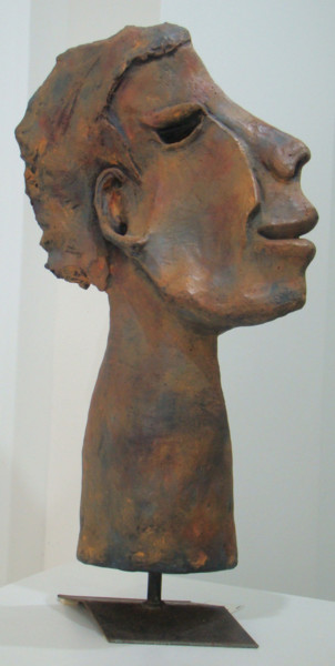 Sculpture titled "Tête plate" by Anne Marie Mermet, Original Artwork, Terra cotta