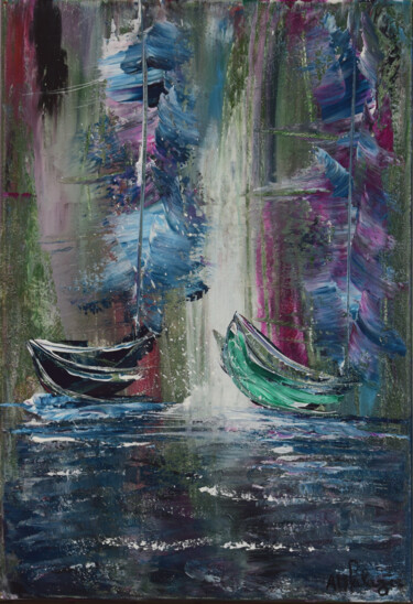 Painting titled "Bateaux devant la C…" by Anne Marie Palaze, Original Artwork, Acrylic