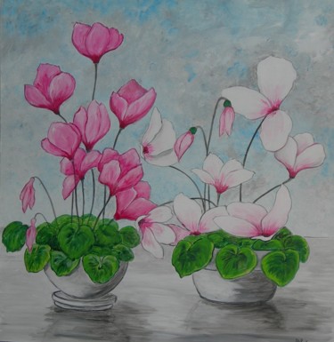 Painting titled "cyclamens" by Anne-Marie Picot, Original Artwork, Acrylic Mounted on Wood Stretcher frame