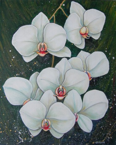 Painting titled "hampe d'orchidée" by Anne-Marie Picot, Original Artwork, Acrylic Mounted on Wood Stretcher frame