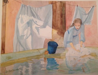 Peinture intitulée "La lessive" par Anne Marie Podrini, Œuvre d'art originale, Aquarelle