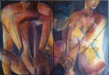 Malerei mit dem Titel "Jeu de mains Dyptiq…" von Anne Marie Podrini, Original-Kunstwerk, Öl