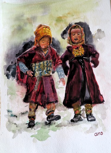 Painting titled "libre-est-l'enfance…" by Anne-Marie Simard-Grasset, Original Artwork, Watercolor